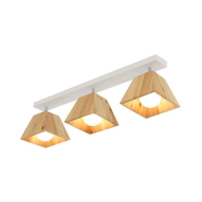 Tapered Square Semi Flush Mount Minimalist Wooden 1/2/3 Head Surface Mount Light with White Canopy