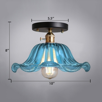 1 Head Flared Semi Flush Light Fixture Traditional Indoor Lighting with Sky Blue Wavy Glass Shade