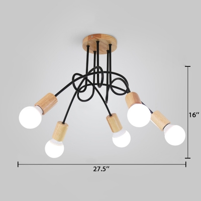 3/5 Heads Twisted Hanging Light Fixture with Open Bulb Minimalist Metal Lamp Light in Wood