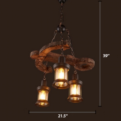 3 Heads Lantern Chandelier Light with Anchor Loft Style Wooden Light Fixture in Black