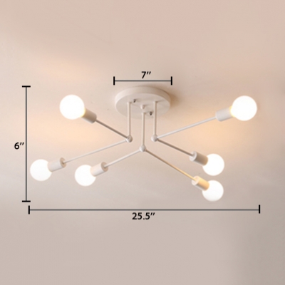 6/8 Heads Open Bulb Semi Flush Mount with White Linear Armed Minimalist Metal Ceiling Fixture