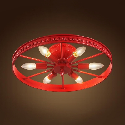 Blue/Green/Red Wheel Ceiling Flush Mount Lodge Style Metallic 6 Lights Flush Mount for Exhibition Hall