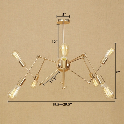 Brass Finish Abstract Chandelier with Adjustable Arm Vintage Metal 6/8/10 Lights Hanging Light