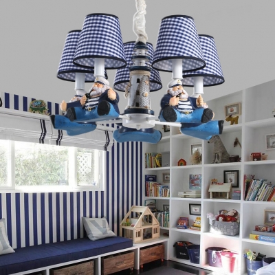 Dark Blue Trellis Chandelier Lighting with Lighthouse Fabric Shade 5 Heads Hanging Lamp for Kids