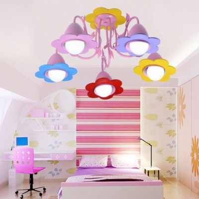 Green/Pink Flower Flushmount Modern Metal 5 Lights Ceiling Lamp for Nursing Room