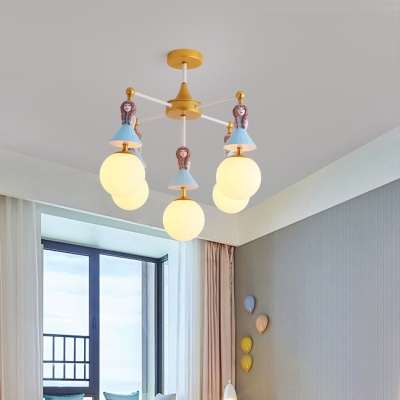 Milky Glass Shade Chandelier Lamp with Lovely Girls Decoration Brass Finish 5 Heads Hanging Light