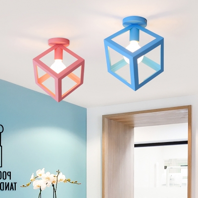 Modernism Cubic Ceiling Flush Mount Colorful Metal Frame 1 Bulb Semi Flush Light Fixture for Kids Children