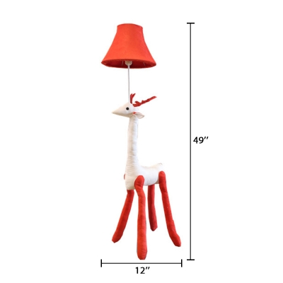 Red Fabric Shade Floor Lamp with Cartoon Deer Single Head Standing Light for Nursing Room