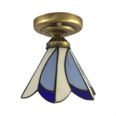 Tiffany Style Flush Mount Ceiling Light with White and Blue Petal Shade