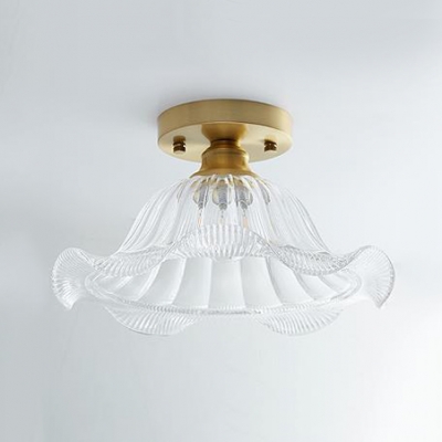 Wavy Glass Flared Semi Flush Light Industrial Vintage 1 Bulb Ceiling Flush Mount in Brass for Sitting Room