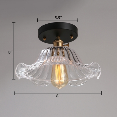 Antique Brass Flared Ceiling Lamp Traditional Clear Glass 1 Head Semi Flush Mount with Wavy Edge