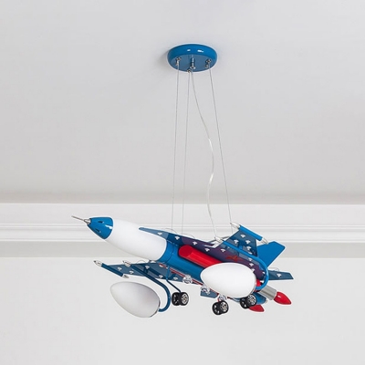 Blue Airplane Chandelier Lamp White Glass Shade 3 Heads Hanging Lamp for Game Room