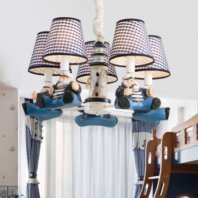 Dark Blue Trellis Chandelier Lighting with Lighthouse Fabric Shade 5 Heads Hanging Lamp for Kids