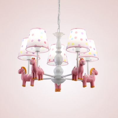 Dottie Design 5 Heads Chandelier with Pink/White Cartoon Horse Fabric Shade Hanging Light for Bedroom