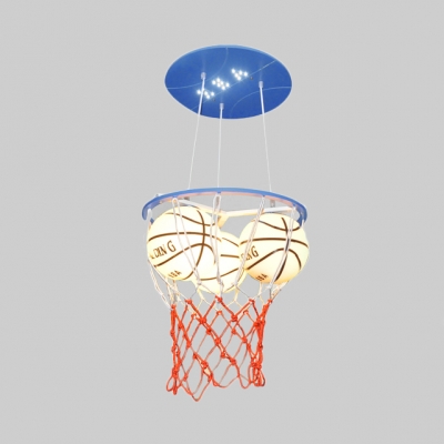 Glass Basketball Hanging Light Boys Room Height Adjustable 3 Heads Pendant Light in Blue/Orange