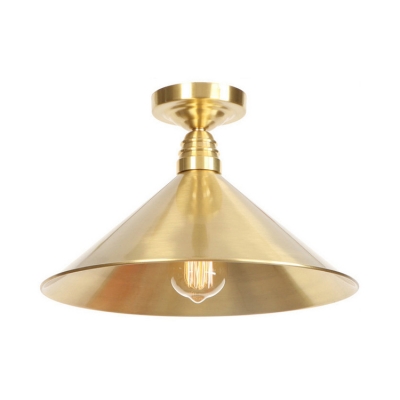 Metal Conical Semi Flush Mount Retro Industrial Style Single Light Decorative Semi Flush Light in Brass Finish
