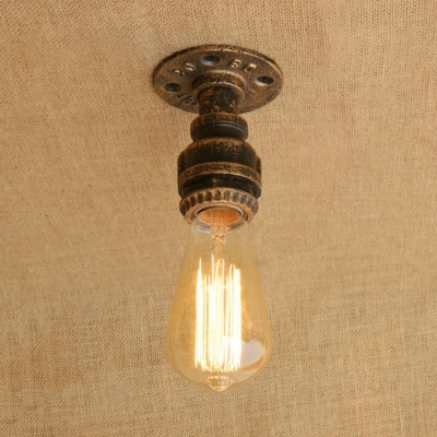 Single Light Mini Ceiling Lamp with Bare Bulb Minimalist Industrial Iron Semi Flush Light in Antique Brass/Bronze/Silver