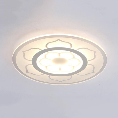 White Round Disc LED Ceiling Lamp with Flower Pattern Contemporary Acrylic Flush Mount