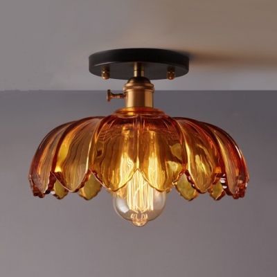 1 Light Scalloped Ceiling Lamp with Amber/White Glass Shade Vintage Decorative Surface Mount Ceiling Light
