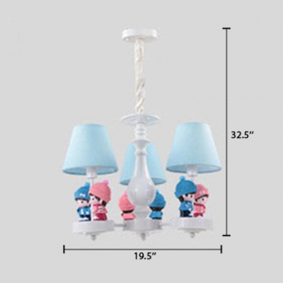 3/5 Heads Conical Chandelier with Boys and Girls Bedroom Fabric Shade Hanging Light Fixture in White
