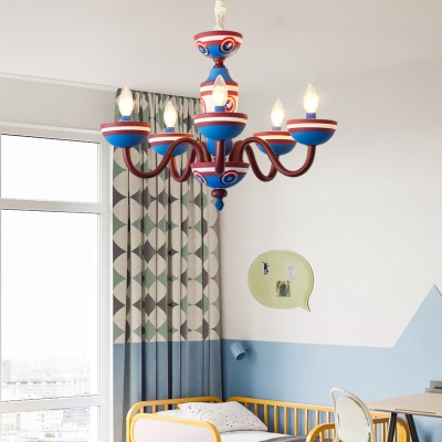 5 Heads Bare Bulb Chandelier Light with Star Boys Room Metal Suspension Light in Blue