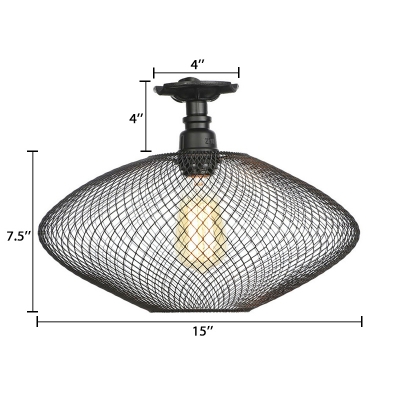 Black Mesh Cage Ceiling Flush Mount Vintage Metallic Single Head Semi Flush Mount for Coffee Shop