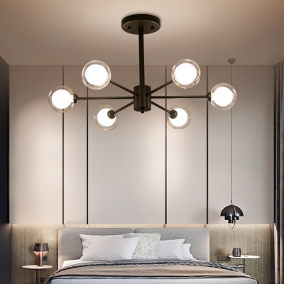 Black Sputnik Chandelier Light Designer Style 6 Heads Indoor Lighting Fixture with Global Glass Shade