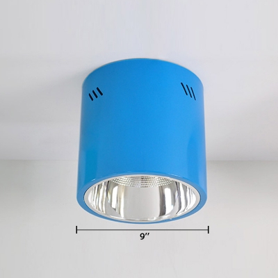 Cylinder 1 Head Flush Light Blue/Green Metal LED Ceiling Lamp for Nursing Room