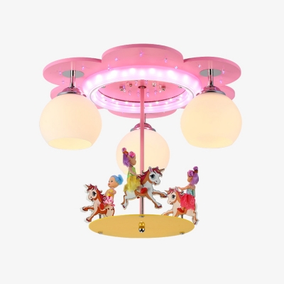 Pink Flower Ceiling Light with Cartoon Horse Frosted Glass Triple Lights Semi Flush Mount for Girls Room
