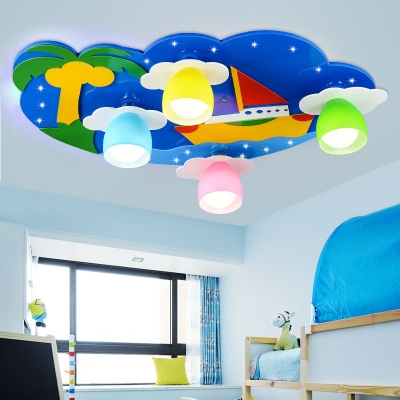 Sailboat Ceiling Lamp Boys Girls Bedroom Wooden 4 Lights Flush Mount Lighting with Blue/Pink Canopy