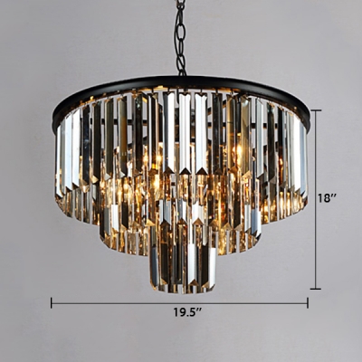 Smoke Crystal 3 Tiers Chandelier Modern Design 6 Bulbs Art Deco Hanging Light Fixture in Black