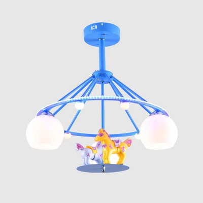 Sphere 3 Lights Semi Flush Mount with Cartoon Horse Nursing Room White Glass Shade Lighting Fixture