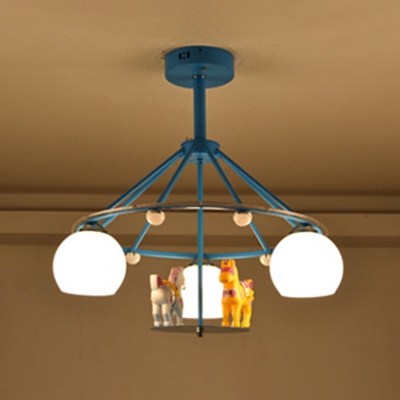 Sphere 3 Lights Semi Flush Mount with Cartoon Horse Nursing Room White Glass Shade Lighting Fixture