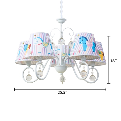 White Finish Shaded Chandelier Light with Cartoon Horse Fabric 5 Lights Drop Light for Kids