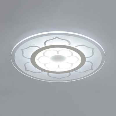 White Round Disc LED Ceiling Lamp with Flower Pattern Contemporary Acrylic Flush Mount