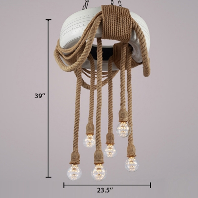 White Tyre Chandelier Lamp with Natural Rope Retro Style 6 Bulbs Hanging Light for Corridor