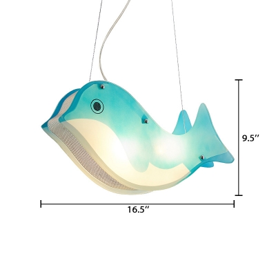2 Lights Blue Dolphin Pendant Lamp Cartoon Style Boys Girls Bedroom Acrylic Hanging Lamp