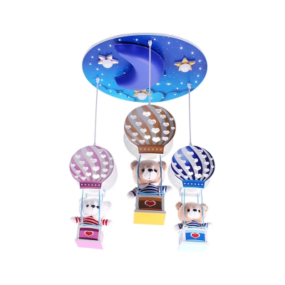 3 Lights Bear Drop Light with Hot Air Balloon Kindergarten Wooden Pendant Lamp in Multi Color