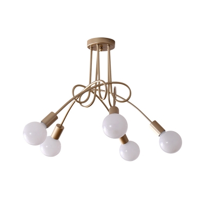 5 Heads Twist Ceiling Light Designer Style Metallic Semi Flush Light in Gold with Bare Bulb