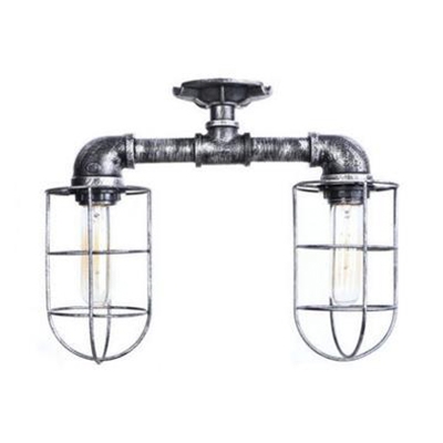 Pipe Semi Flush Light with Wire Guard Nautical Industrial Style 2 Lights Ceiling Lamp in Antique Bronze/Antique Silver