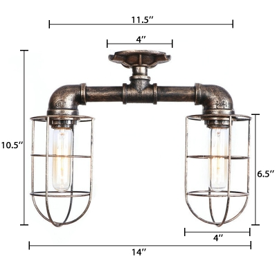 Pipe Semi Flush Light with Wire Guard Nautical Industrial Style 2 Lights Ceiling Lamp in Antique Bronze/Antique Silver