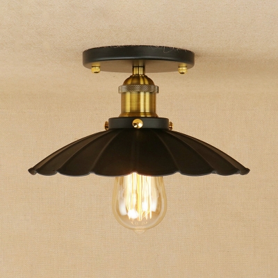 Aged Brass Scallop Lighting Fixture with Black Metal Shade Traditional Industrial 1 Head Ceiling Light