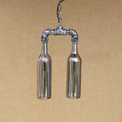 Antique Silver Pipe Hanging Lamp with Bottle Glass Shade Retro Style 2 Lights Chandelier