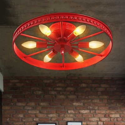 Blue/Green/Red Wheel Ceiling Flush Mount Lodge Style Metallic 6 Lights Flush Mount for Exhibition Hall
