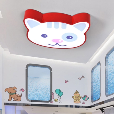 Cute Cat Pattern Ceiling Lamp Nursing Room Metallic LED Flush Light Fixture in Red