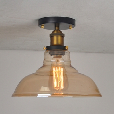 Industrial Railroad Ceiling Lamp with Amber/Clear Glass Shade Single Light Semi Flush Mount Lighting in Aged Brass