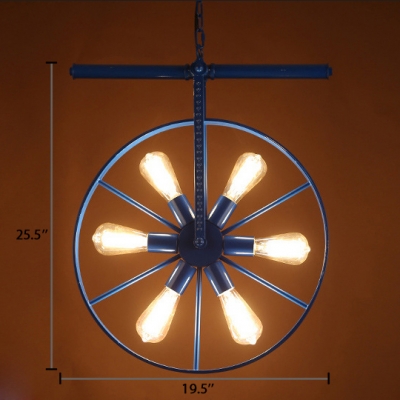 Loft Style Wheel Chandelier Lamp Metallic 6 Lights Hanging Ceiling Lamp in Blue/Green/Red