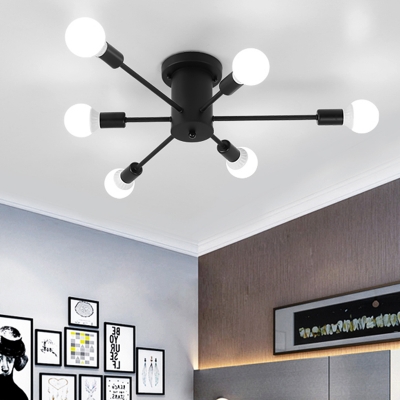 Multi Light Sputnik Semi Flush Mount Post Modern Metal Ceiling Lamp in Black for Bedroom