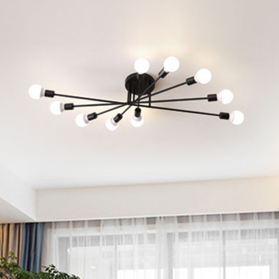 Multi Lights Linear Semi Flush Mount Modernism Metal Ceiling Lamp in Black for Bedroom