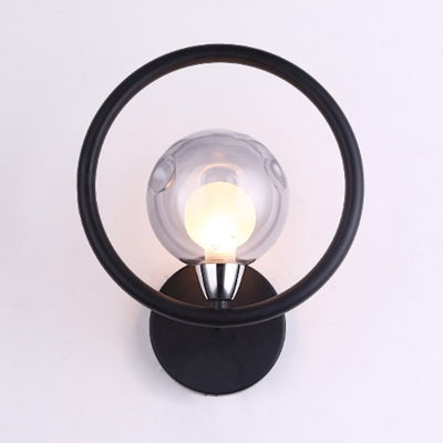 Smoke Glass Globe Wall Lamp with Halo Ring Modern Chic 1 Head Sconce Light in Black for Bedroom